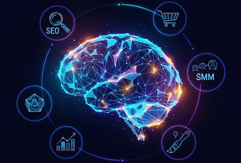 AI-driven marketing and engineering capability map showing SEO, SMM, analytics and branding connected to a central intelligence engine
